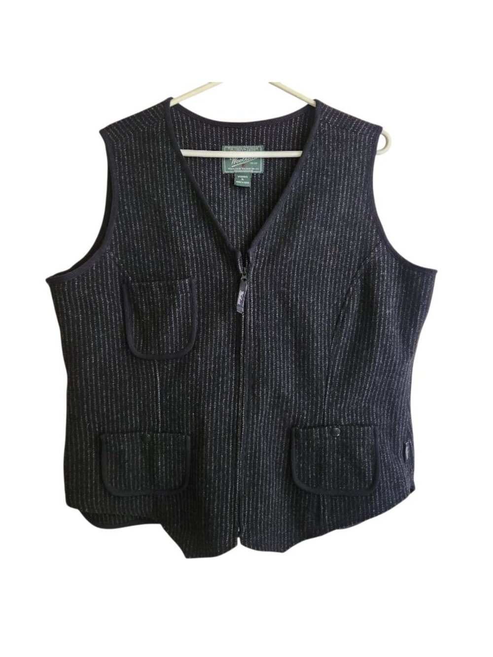 Vintage Woolrich Woolen Mills Gray Stripe Black 3 Pocket Zip Front Vest Size XL